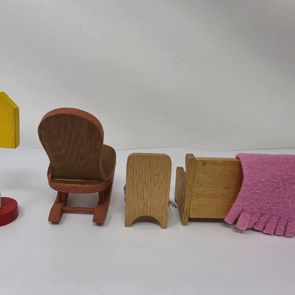 Wooden Doll Furniture with Pink Prrend Play Blanket